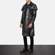 
Black Cowhide Leather Trench Coat - Back View Showing Tailored Shoulder Fit & Clean Hemline