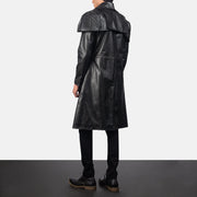
Men's Classic Black Leather Duster - Lateral Side Profile View Showing Sleeve Cut & Athletic Taper Fit