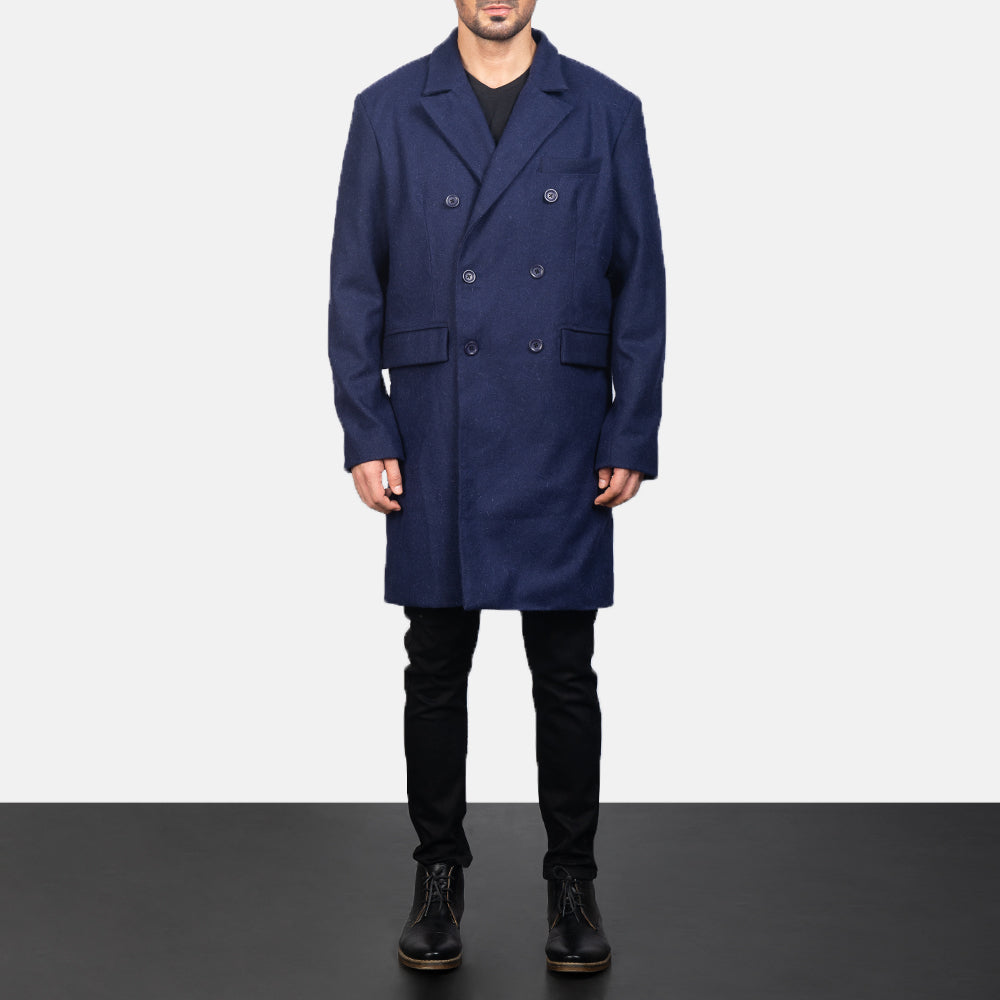 
Men's Blue Wool Double Breasted Coat - Lateral Side Profile View Showing Sleeve Cut & Athletic Taper Fit