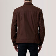 Close-Up Detail of Classic Collar &amp; Snap Button Hardware on Colberto Brown Waxed Canvas Trucker Jacket For Men