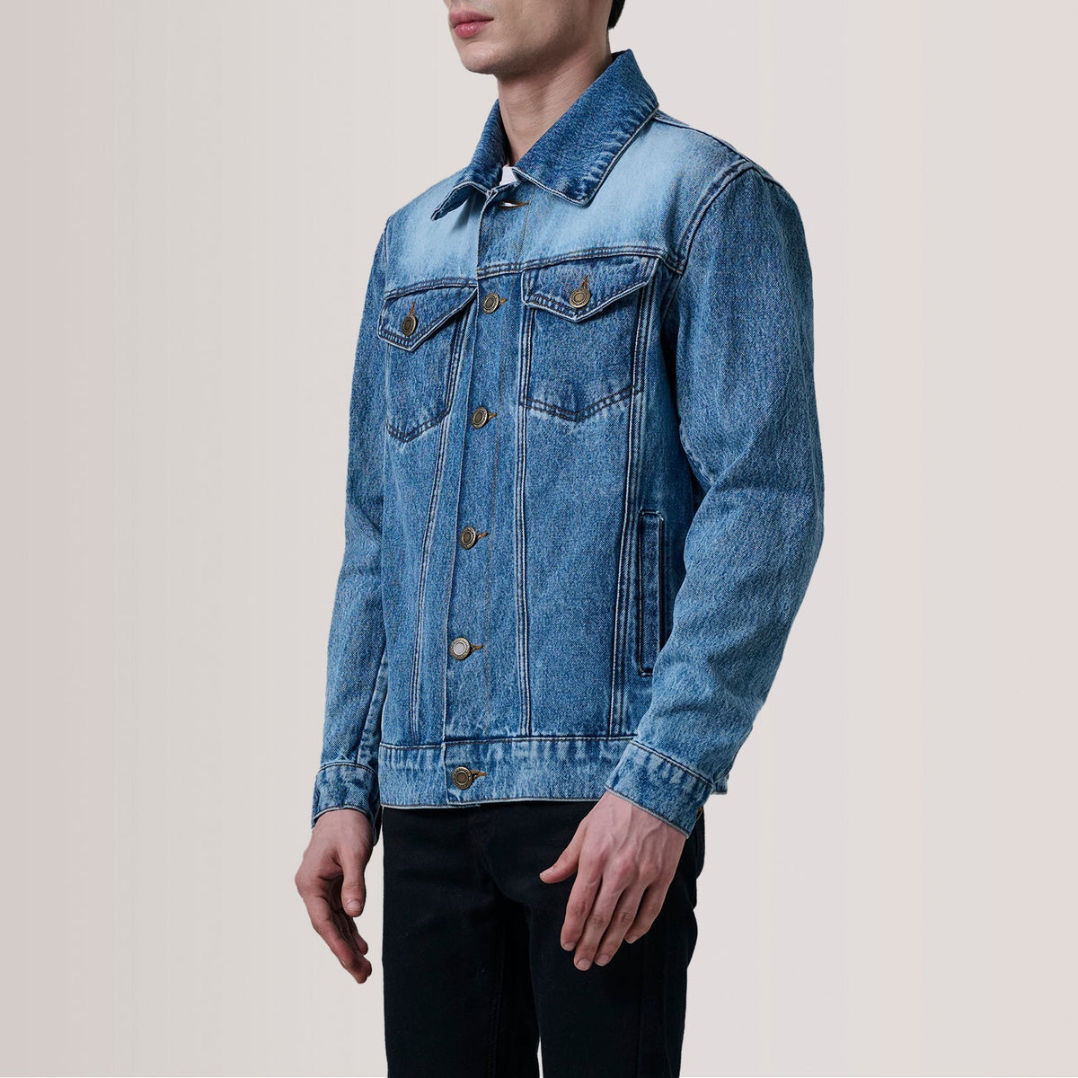 Conard Ice Blue Denim Trucker Jacket For Men - Lateral Side Profile View Showing Sleeve Cut &amp; Athletic Taper Fit