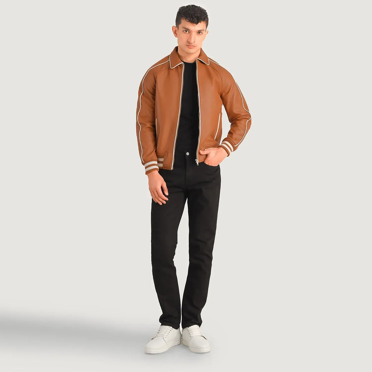 
Cooper Tan Brown Leather Varsity Jacket in Tan Brown Sheepskin Leather - Front Profile View & Tailored Silhouette | Buy Online