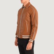 
Tan Brown Sheepskin Leather Varsity Jacket - Back View Showing Tailored Shoulder Fit & Clean Hemline