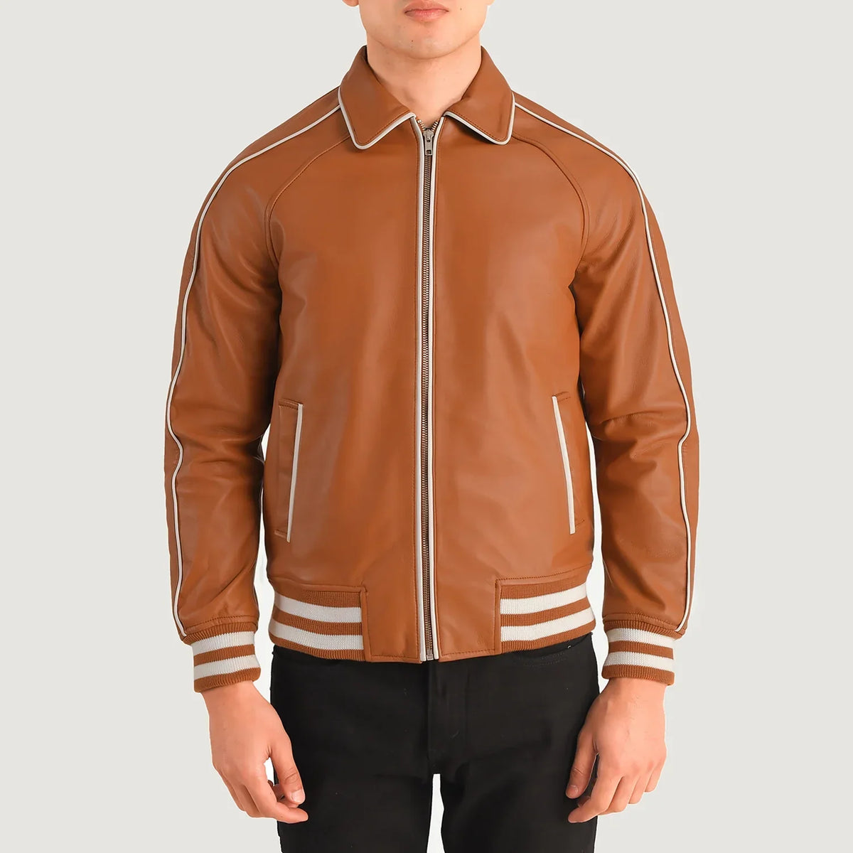 
Close-Up Detail of Shirt collar & Zipper Hardware on Cooper Tan Brown Leather Varsity Jacket