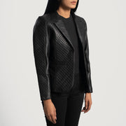 Women's Cora Quilted Black Leather Blazer - Lateral Side Profile View Showing Sleeve Cut &amp; Athletic Taper Fit