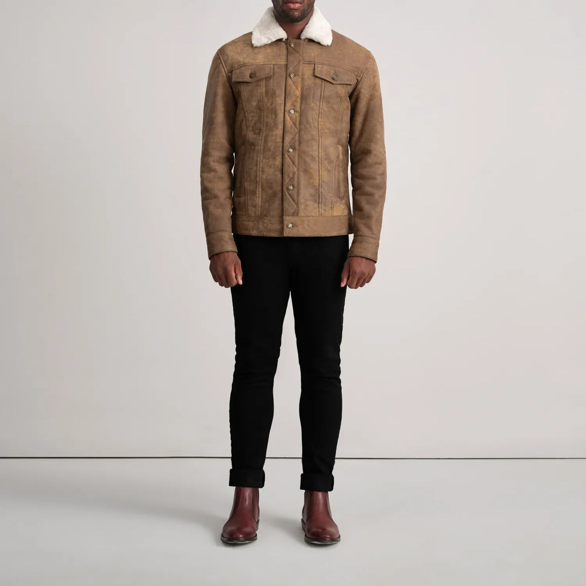 
Dallis Snuffed Brown Shearling Trucker Jacket - Lateral Side Profile View Showing Sleeve Cut & Athletic Taper Fit