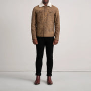 
Dallis Snuffed Brown Shearling Trucker Jacket - Lateral Side Profile View Showing Sleeve Cut & Athletic Taper Fit