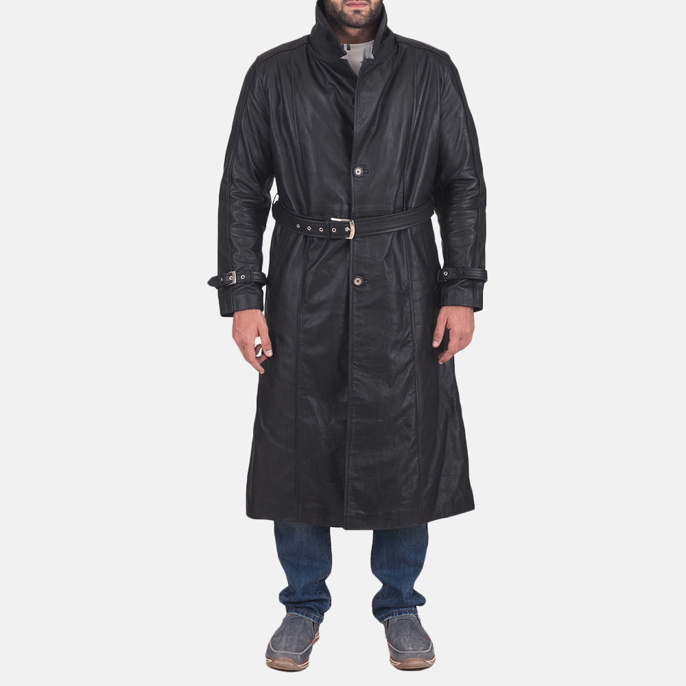 Men's Daniel Black Leather Trench Coat in Black Cowhide Leather - Front Profile View &amp; Tailored Silhouette | Buy Online