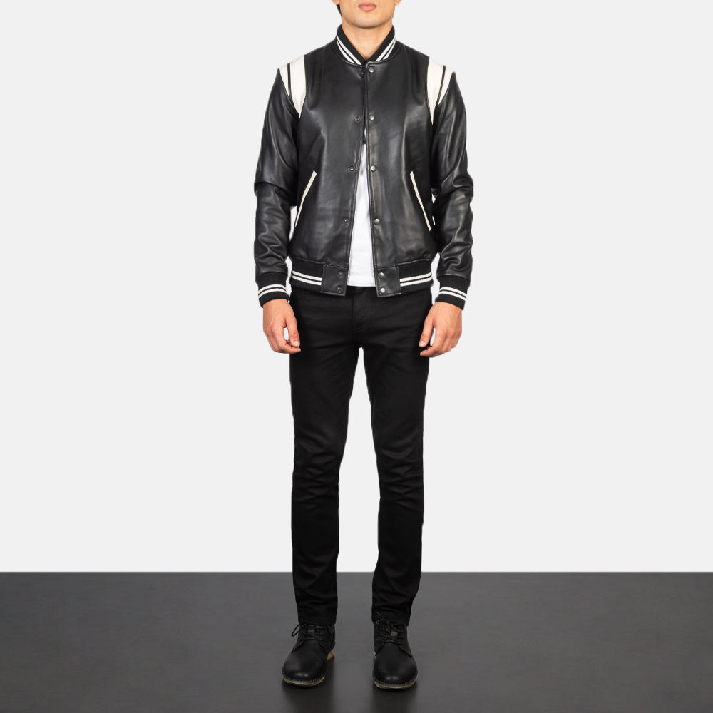 
Men's Dantee Black Leather Varsity Jacket - Lateral Side Profile View Showing Sleeve Cut & Athletic Taper Fit