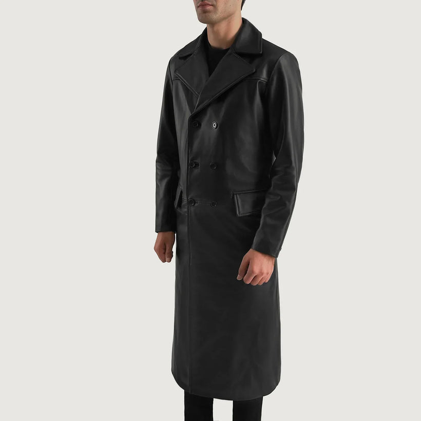 Delmar Black Leather Double-Breasted Coat