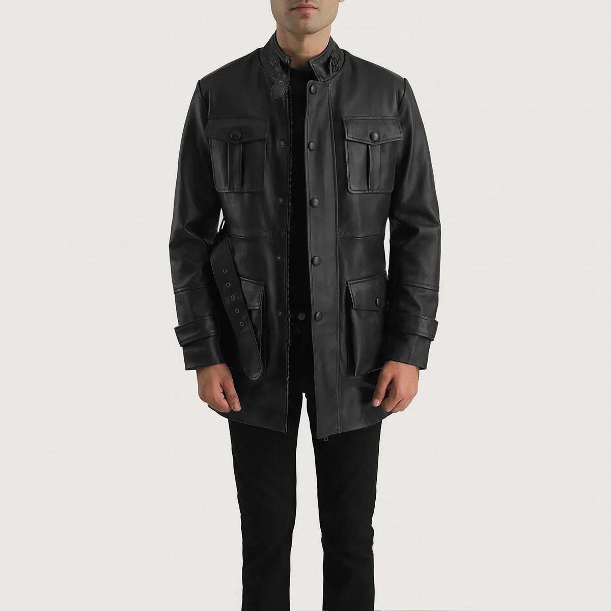 Dolf Black Leather Jacket in Black Cowhide Leather - Front Profile View &amp; Tailored Silhouette | Buy Online