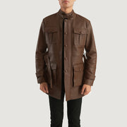 Dolf Brown Leather Jacket - Lateral Side Profile View Showing Sleeve Cut &amp; Athletic Taper Fit
