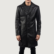 Men's Don Long Black Leather Coat - Lateral Side Profile View Showing Sleeve Cut &amp; Athletic Taper Fit