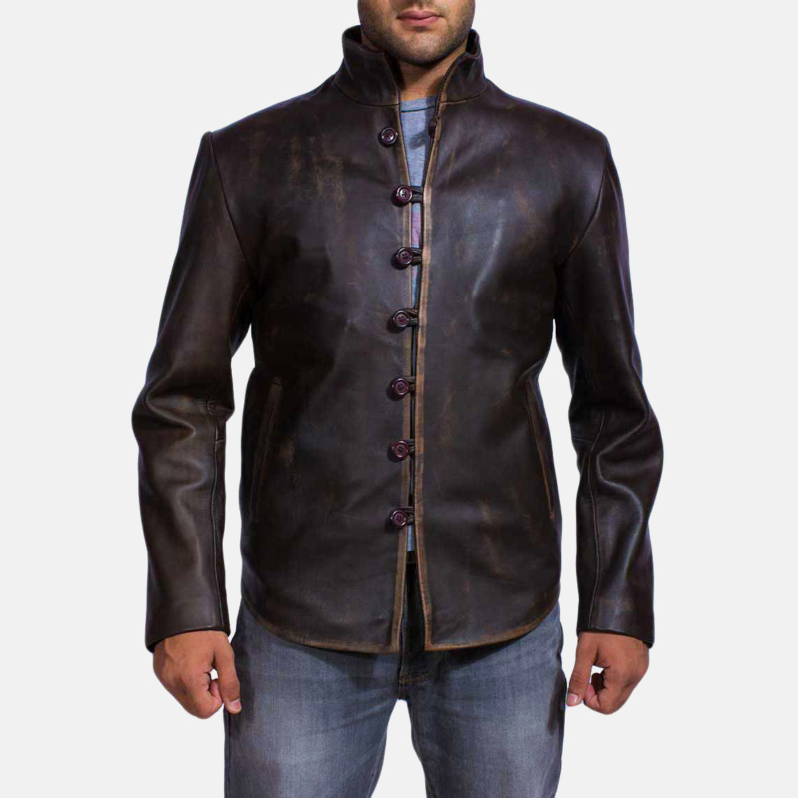 Men's Drakeshire Brown Leather Jacket in Distressed Brown Goatskin Leather - Front Profile View &amp; Tailored Silhouette | Buy Online