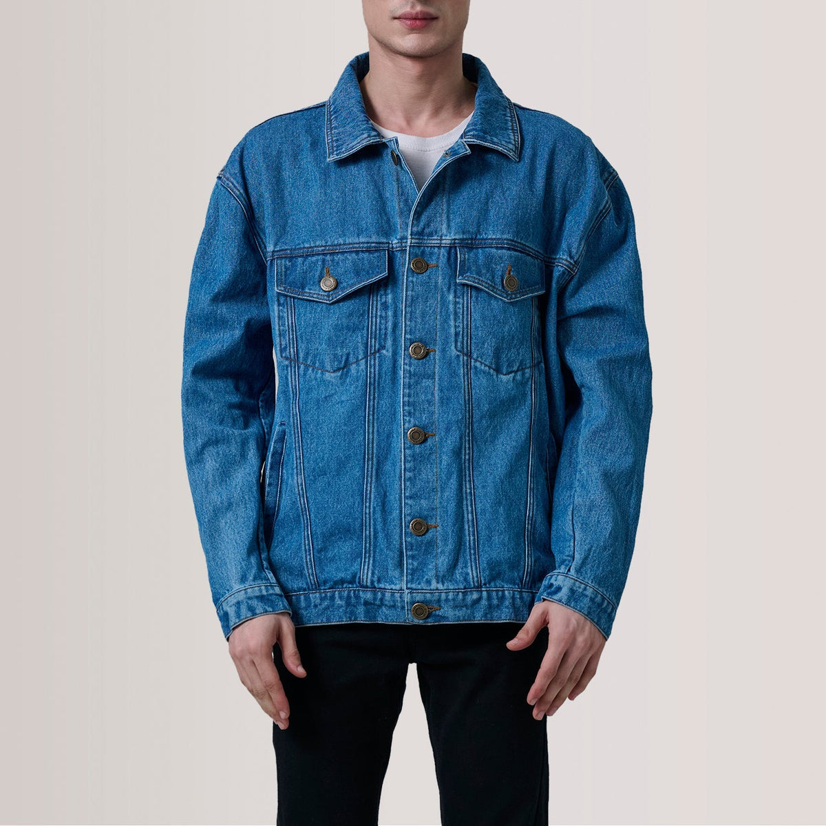 
Dark Blue Full-Grain leather Jacket - Back View Showing Tailored Shoulder Fit & Clean Hemline