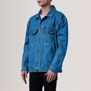 
Eddie Dark Blue Oversized Denim Trucker Jacket For Men - Lateral Side Profile View Showing Sleeve Cut & Athletic Taper Fit