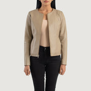 
Elixir Beige Collarless Leather Jacket in Beige Sheepskin Leather - Front Profile View & Tailored Silhouette | Buy Online