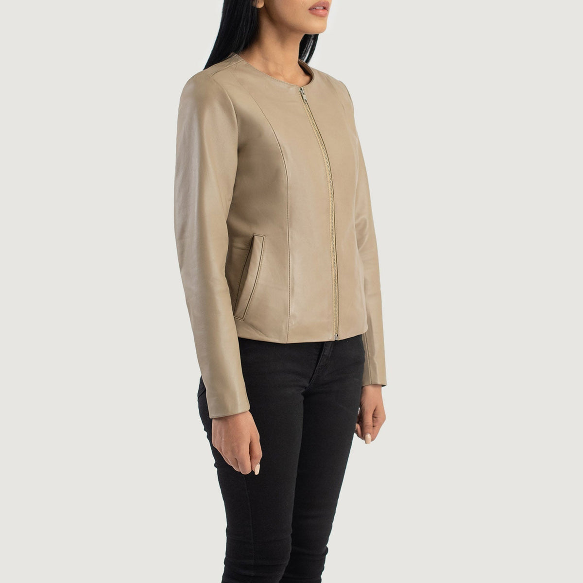 
Beige Sheepskin Leather Biker Jacket - Back View Showing Tailored Shoulder Fit & Clean Hemline