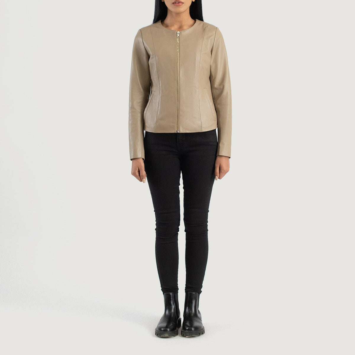 
Elixir Beige Collarless Leather Jacket - Lateral Side Profile View Showing Sleeve Cut & Athletic Taper Fit