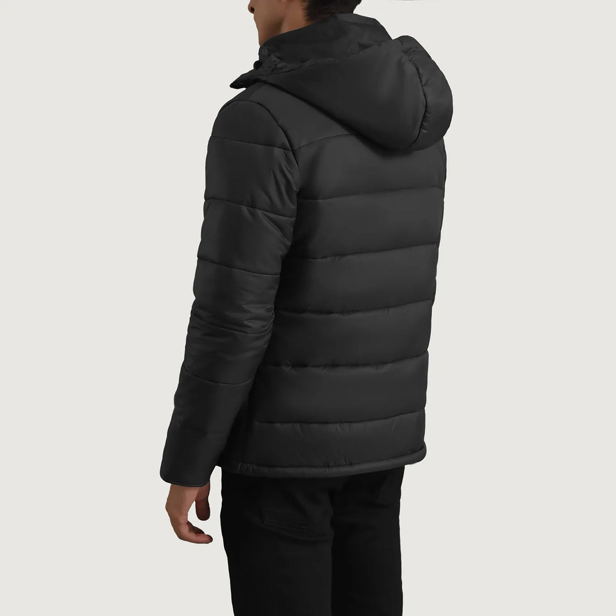 
Close-Up Detail of Classic Collar & Zipper With Wind Flap Hardware on Erico Black Hooded Puffer Jacket