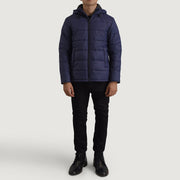Erico Blue Hooded Puffer Jacket - Lateral Side Profile View Showing Sleeve Cut &amp; Athletic Taper Fit