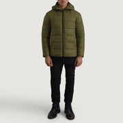 
Erico Green Hooded Puffer Jacket - Lateral Side Profile View Showing Sleeve Cut & Athletic Taper Fit