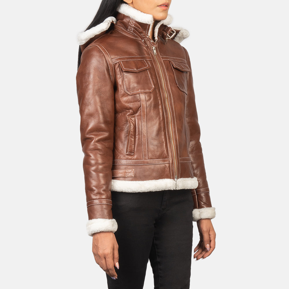 
Close-Up Detail of High Neck with Belt & Zipper Hardware on Women's Fiona Brown Hooded Shearling Leather Jacket