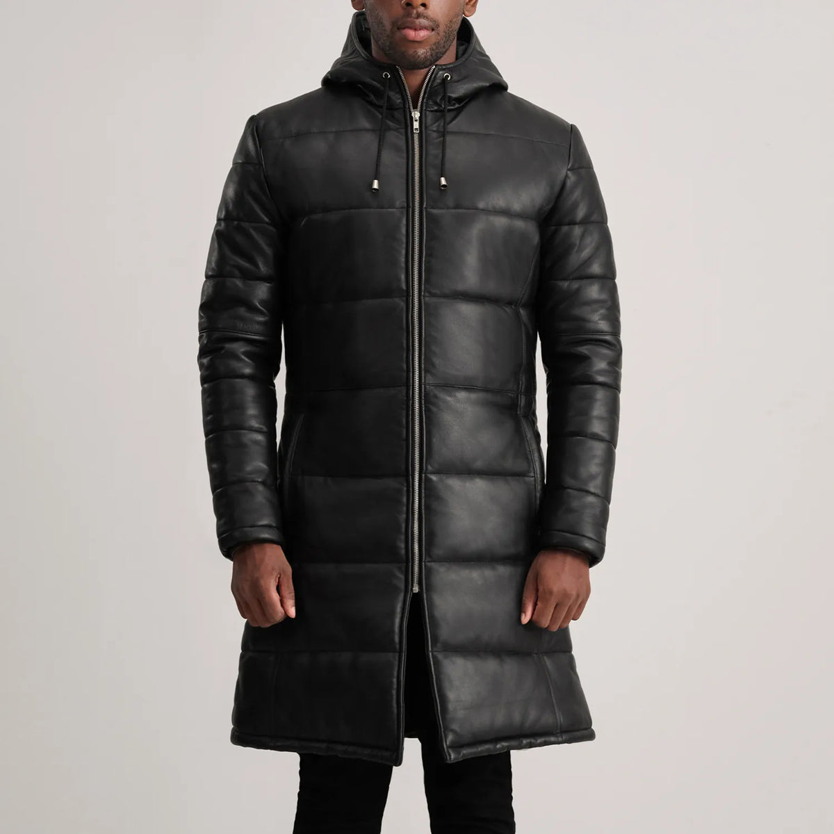 
Close-Up Detail of Hooded & Zipper Hardware on Floyd Tan Hooded Leather Puffer Coat