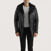 Men's Furcliff Black Leather Coat - Lateral Side Profile View Showing Sleeve Cut &amp; Athletic Taper Fit