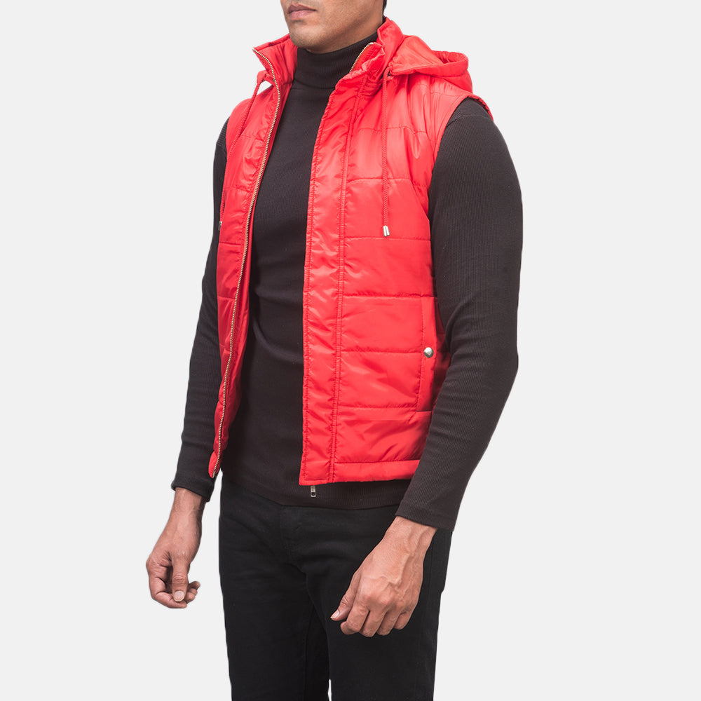 
Red Nylon Leather Vest - Back View Showing Tailored Shoulder Fit & Clean Hemline