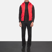 
Men's Fuston Red Hooded Puffer Vest - Lateral Side Profile View Showing Sleeve Cut & Athletic Taper Fit