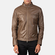 
Close-Up Detail of Band with snap buttons & Zipper Hardware on Gatsby Mocha Leather Biker Jacket