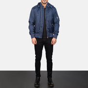 
Men's Blue Hooded Bomber Jacket - Lateral Side Profile View Showing Sleeve Cut & Athletic Taper Fit