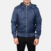 
Close-Up Detail of Knit Rib with Removable Nylon Hood & Zipper Hardware on Men's Blue Hooded Bomber Jacket