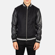 Harrison Black Hybrid Varsity Jacket - Lateral Side Profile View Showing Sleeve Cut &amp; Athletic Taper Fit