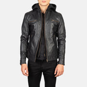 Men's Hector Black Hooded Leather Biker Jacket in Black Cowhide Leather - Front Profile View &amp; Tailored Silhouette | Buy Online