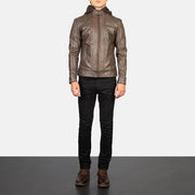 Men's Hector Brown Hooded Leather Biker Jacket - Lateral Side Profile View Showing Sleeve Cut &amp; Athletic Taper Fit