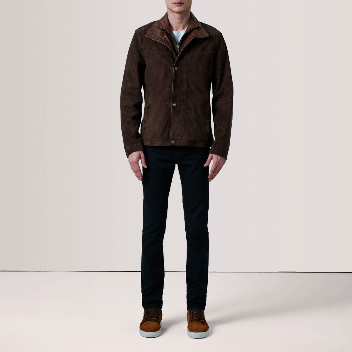 
Styled Fit Perspective of Henrik Grey Suede Cafe Racer For Men on Model - Natural Daylight Drape