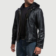 
Black Cowhide Leather Hooded Jacket - Back View Showing Tailored Shoulder Fit & Clean Hemline