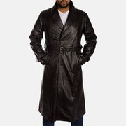 
Men's Hooligan Black Leather Trench Coat in Black Cowhide Leather - Front Profile View & Tailored Silhouette | Buy Online