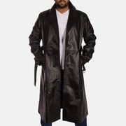 
Men's Hooligan Black Leather Trench Coat - Lateral Side Profile View Showing Sleeve Cut & Athletic Taper Fit