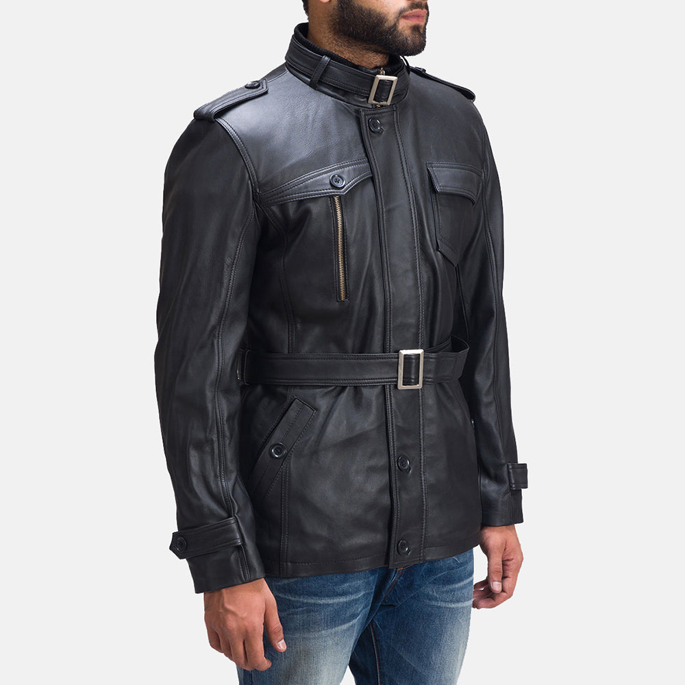 Black Sheepskin leather Coat - Back View Showing Tailored Shoulder Fit &amp; Clean Hemline