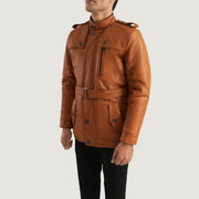 
Tan Brown Sheepskin Leather Aviator Jacket - Back View Showing Tailored Shoulder Fit & Clean Hemline