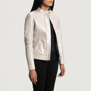 
Silver Sheepskin Leather Biker Jacket - Back View Showing Tailored Shoulder Fit & Clean Hemline