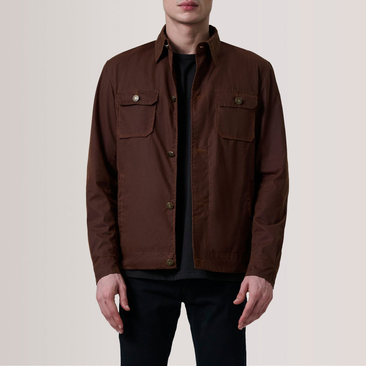 Irwin Brown Waxed Canvas Field Jacket For Men in Brown Waxed Cotton Canvas - Front Profile View &amp; Tailored Silhouette | Buy Online