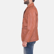 James Tan Brown Leather Blazer - Lateral Side Profile View Showing Sleeve Cut &amp; Athletic Taper Fit