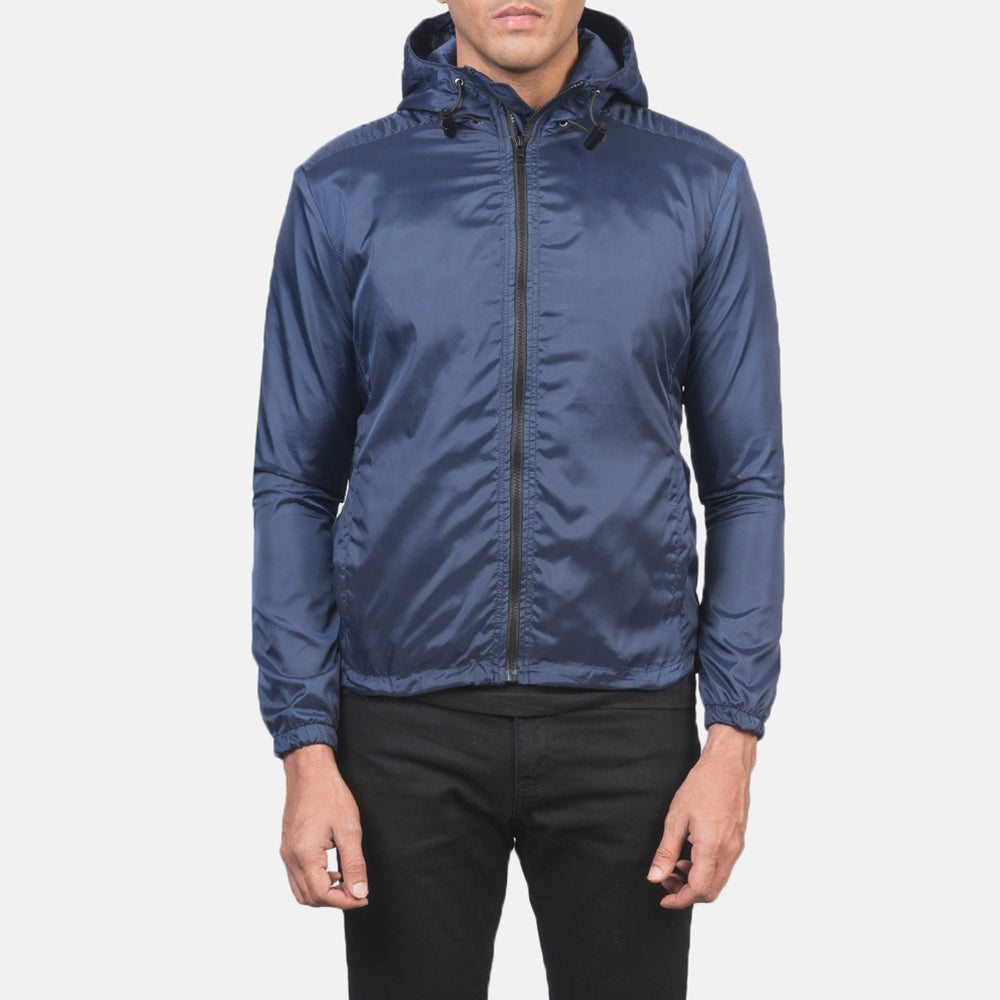 Men's Jimmy Blue Hooded Windbreaker Jacket in Blue Nylon - Front Profile View & Tailored Silhouette | Buy Online