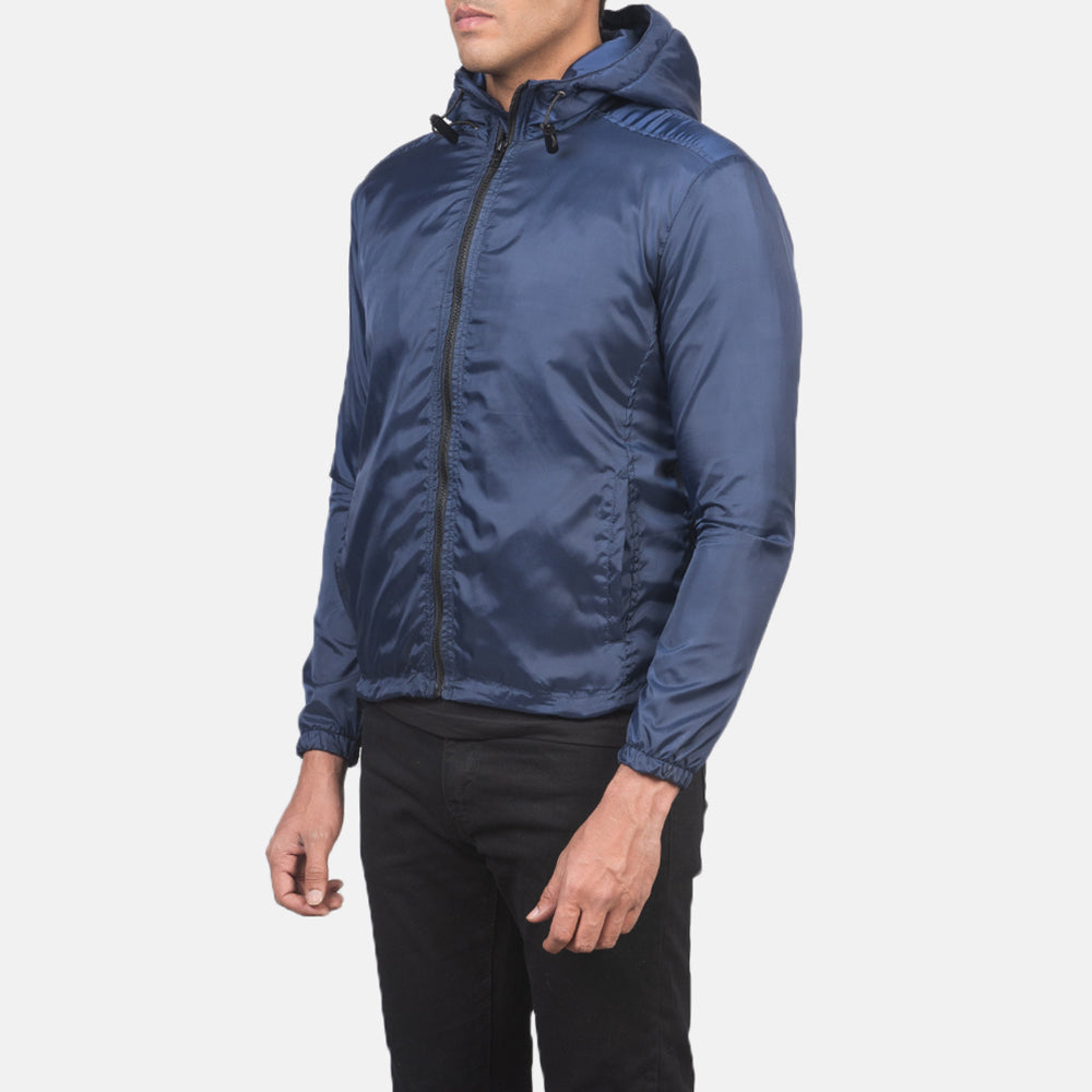 Blue Nylon Hooded Jacket - Back View Showing Tailored Shoulder Fit &amp; Clean Hemline