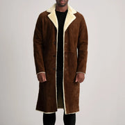 
Kolby Brown Suede Shearling Long Coat in Brown Goatskin Suede - Front Profile View & Tailored Silhouette | Buy Online