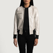 Women's Lana Silver Leather Bomber Jacket in Silver Sheepskin Leather - Front Profile View &amp; Tailored Silhouette | Buy Online